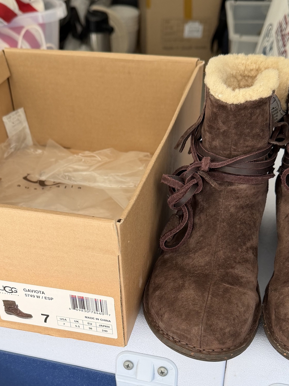 UGG Chocolate Brown Suede Shearling Ankle Booties with Wrap Laces